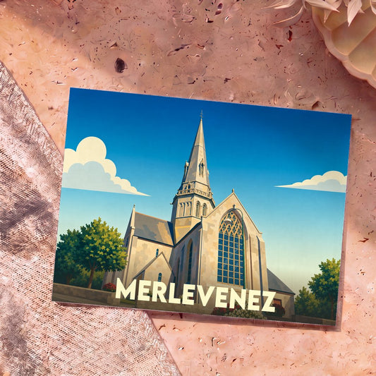 Carte postale souvenir de la ville de Merlevenez avec une illustration stylisée de son église sous un ciel bleu.