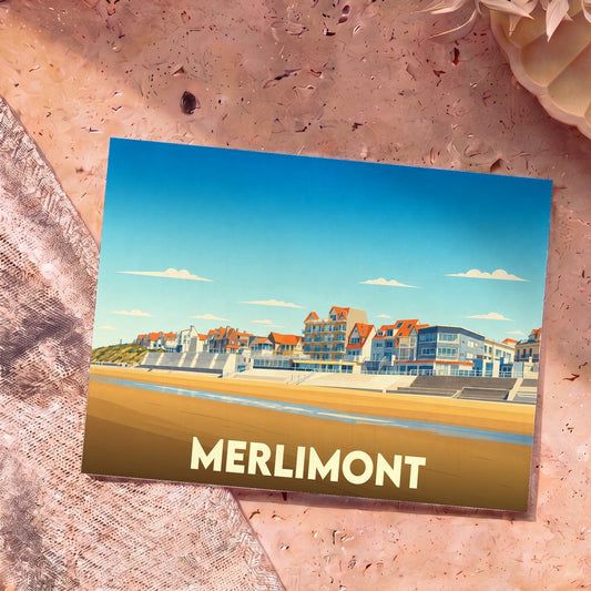 Carte postale souvenir de la ville de Merlimont avec une illustration stylisée de son front de mer.