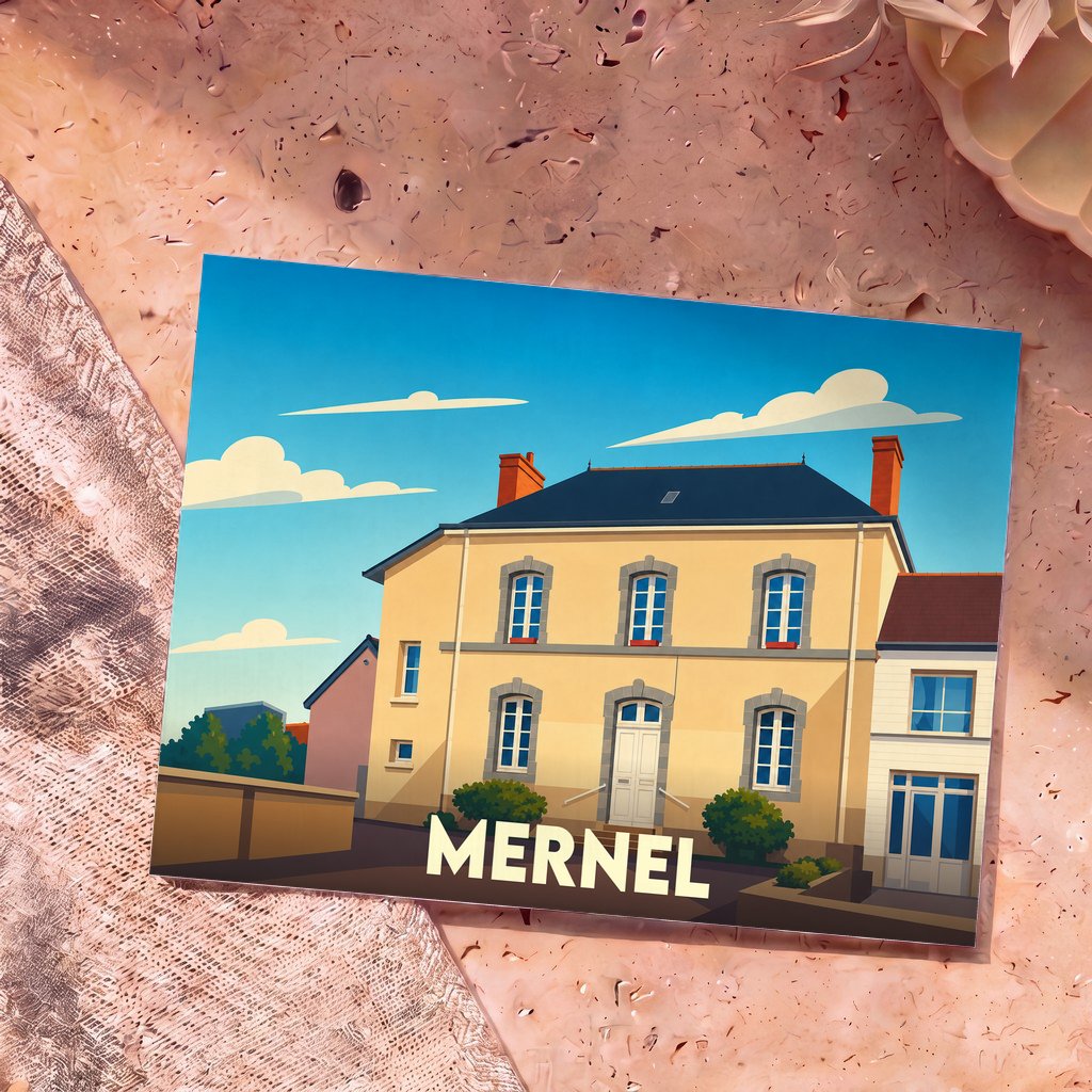 Carte postale souvenir de la ville de Mernel avec une illustration stylisée de la mairie sous un ciel bleu.