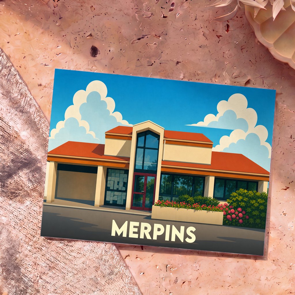 Carte postale souvenir de la ville de Merpins avec une illustration stylisée d'un bâtiment moderne sous un ciel nuageux.