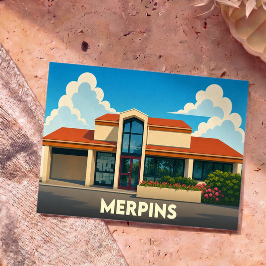 Carte postale souvenir de la ville de Merpins avec une illustration stylisée d'un bâtiment moderne sous un ciel nuageux.