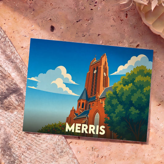 Carte postale souvenir de la ville de Merris avec une illustration stylisée de son église en briques rouges sous un ciel bleu.
