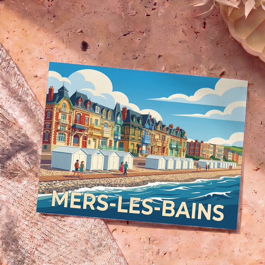 Carte postale souvenir de la ville de Mers-les-Bains avec une illustration stylisée de son front de mer et de ses villas colorées.