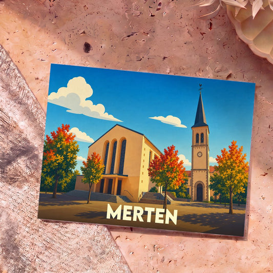 Carte postale souvenir de la ville de Merten avec une illustration stylisée d'une église en automne.