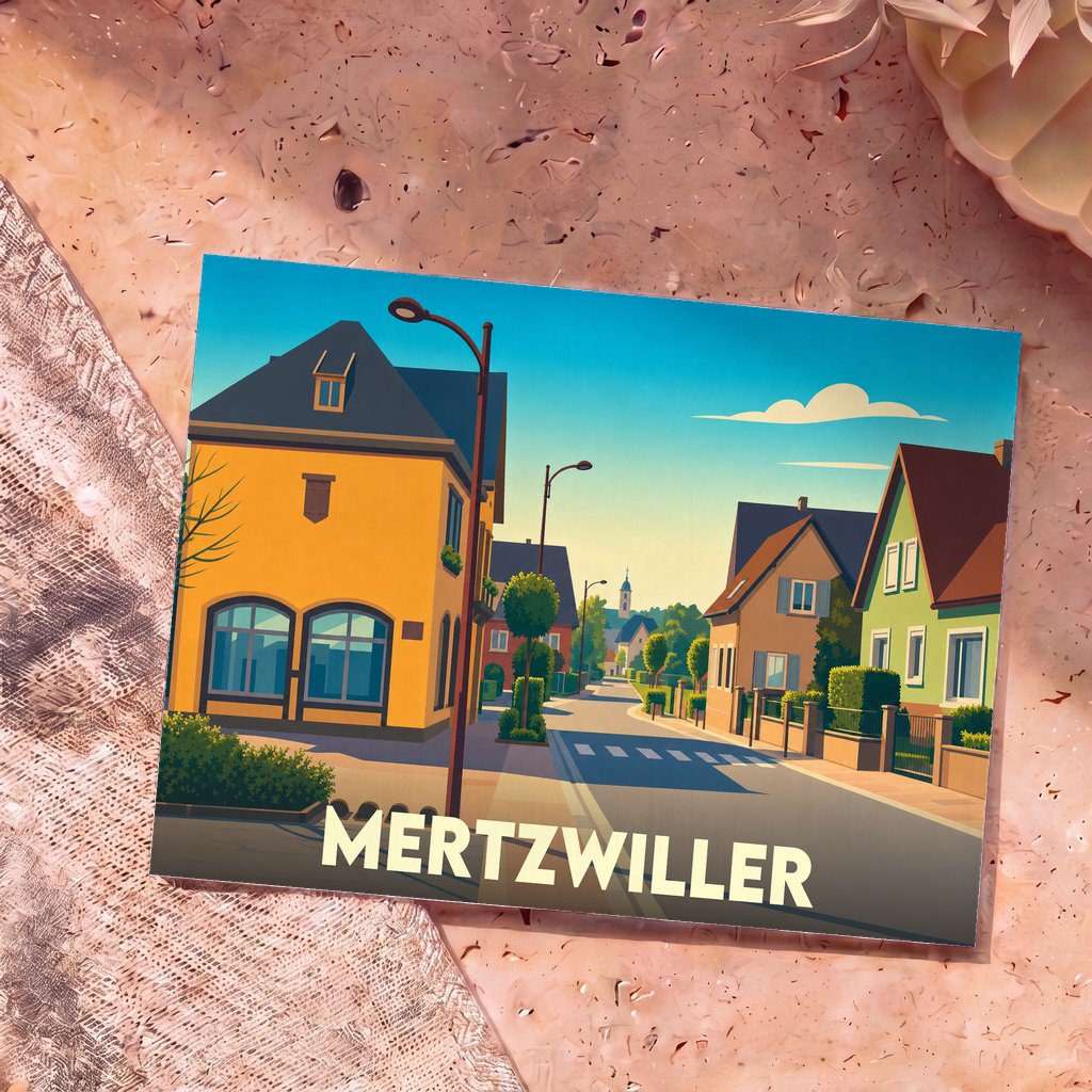 Carte postale souvenir de la ville de Mertzwiller avec une illustration stylisée d'une rue typique.