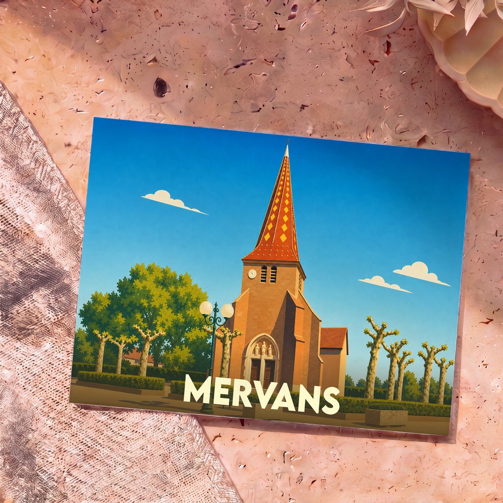 Carte postale souvenir de la ville de Mervans avec une illustration stylisée de son église au clocher coloré.