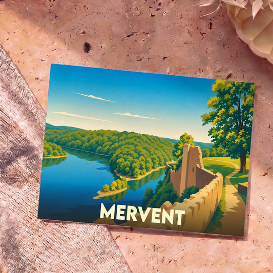 Carte postale souvenir de la ville de Mervent illustrant un paysage de rivière et de remparts.