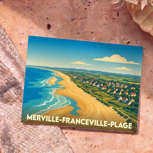 Carte postale souvenir de Merville-Franceville-Plage avec une illustration stylisée de son littoral.