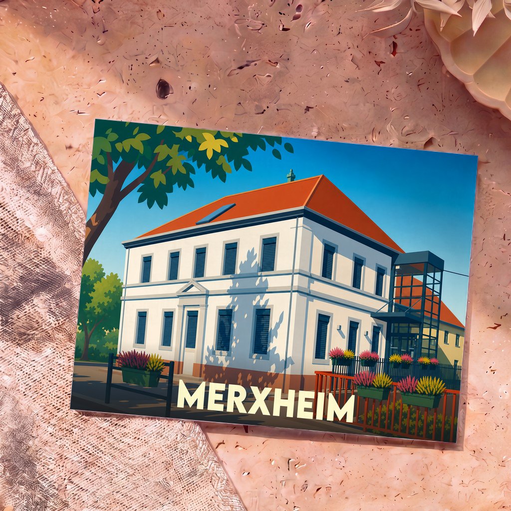 Carte postale souvenir de la ville de Merxheim illustrant sa mairie dans un style graphique épuré.
