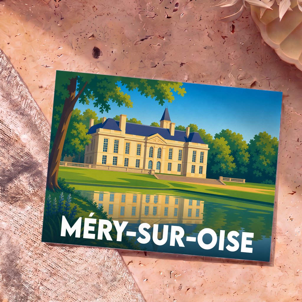 Carte postale souvenir de la ville de Méry-sur-Oise illustrant son château et son reflet sur l'eau dans un style graphique épuré.
