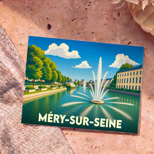 Carte postale souvenir de la ville de Méry-sur-Seine avec une illustration stylisée d'un jet d'eau sur la Seine.