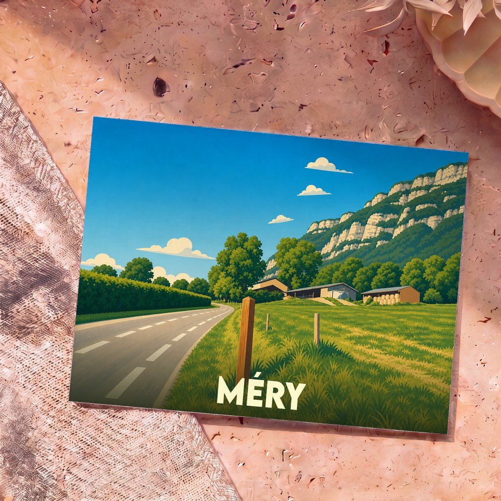 Carte postale souvenir de la ville de Méry avec une illustration stylisée de son paysage rural et montagneux.