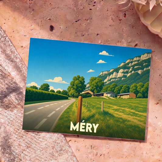 Carte postale souvenir de la ville de Méry avec une illustration stylisée de son paysage rural et montagneux.
