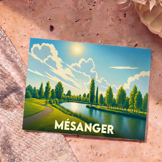 Carte postale souvenir de la ville de Mésanger avec une illustration stylisée d'un parc au bord de l'eau.