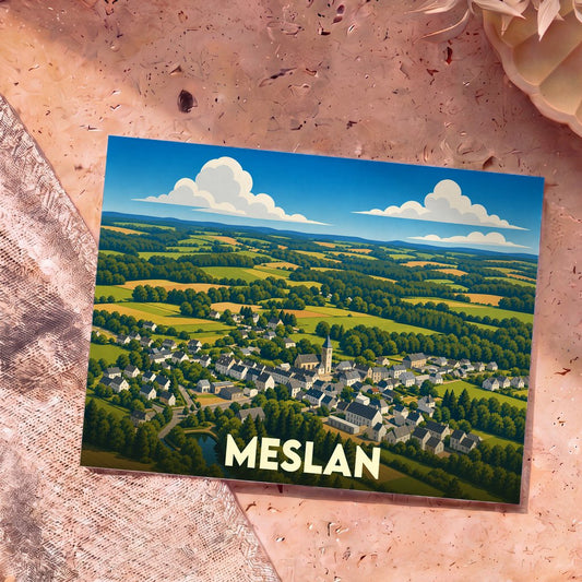 Carte postale souvenir de la ville de Meslan avec une illustration stylisée d'un paysage de campagne vallonné.