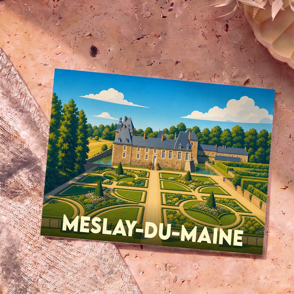 Carte postale souvenir de la ville de Meslay-du-Maine avec une illustration stylisée d'un château et de ses jardins à la française.