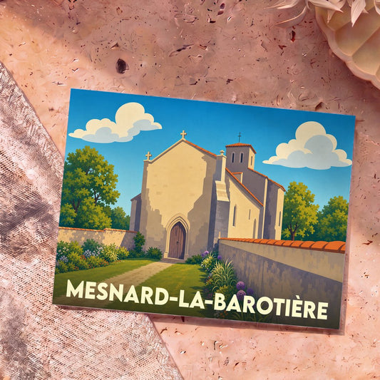 Carte postale souvenir de la ville de Mesnard-la-Barotière illustrant son église avec un style graphique épuré.