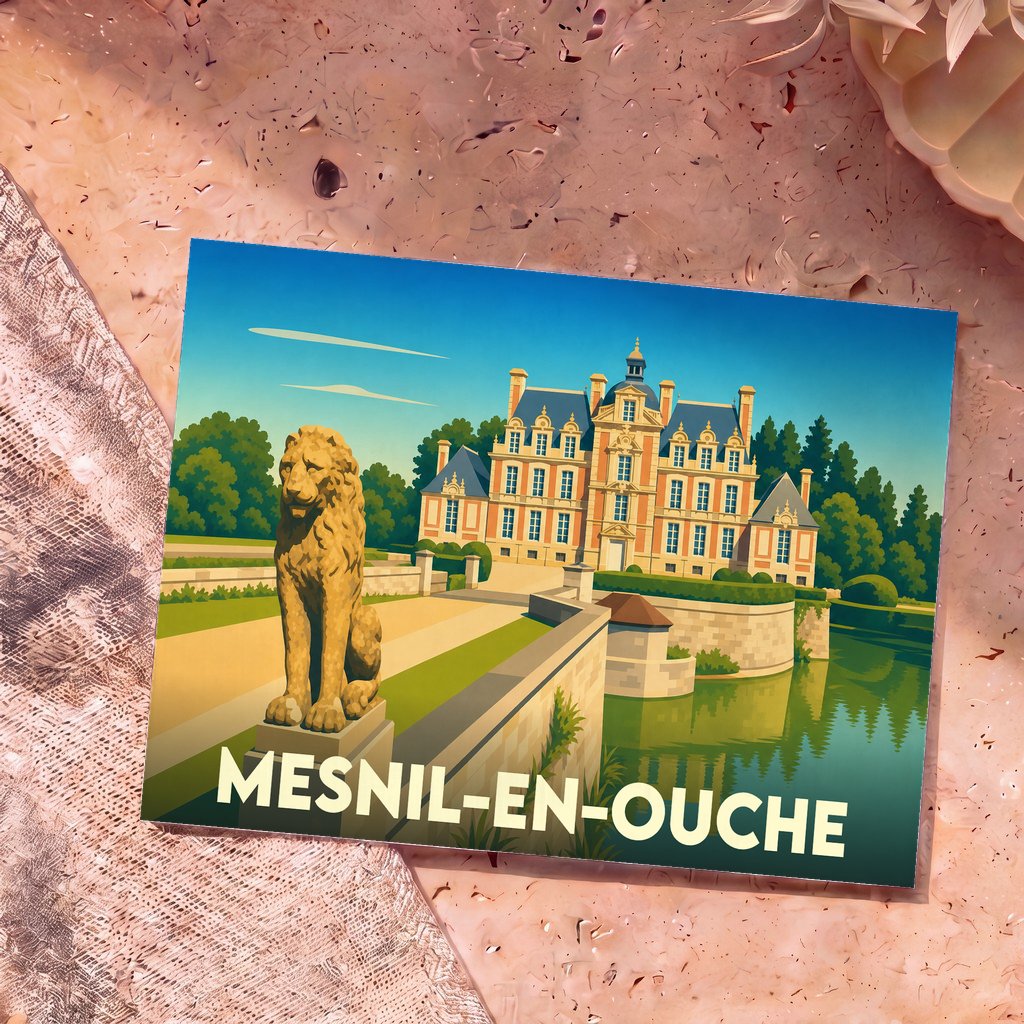 Carte postale souvenir de la ville de Mesnil-en-Ouche avec une illustration stylisée du château de Beaumesnil.