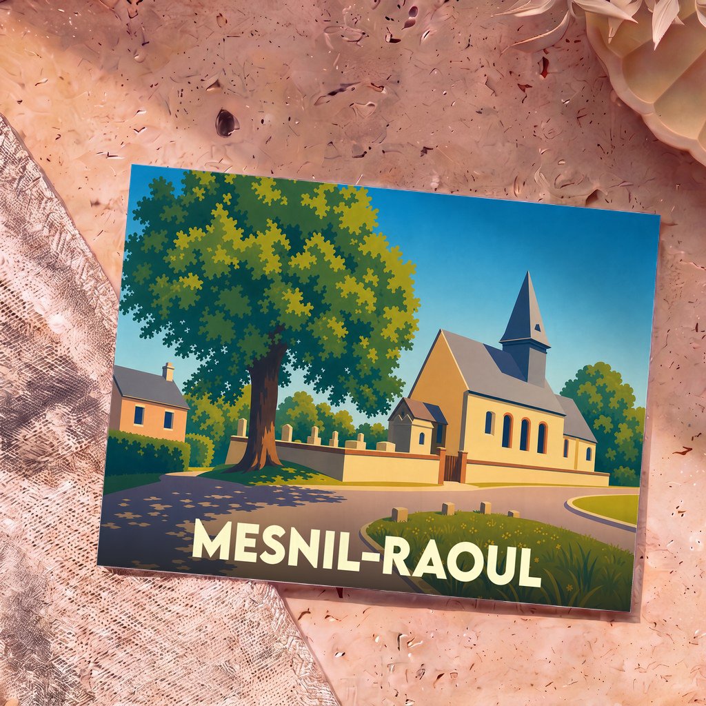 Carte postale souvenir de la ville de Mesnil-Raoul avec une illustration stylisée de son église et d'un grand arbre.