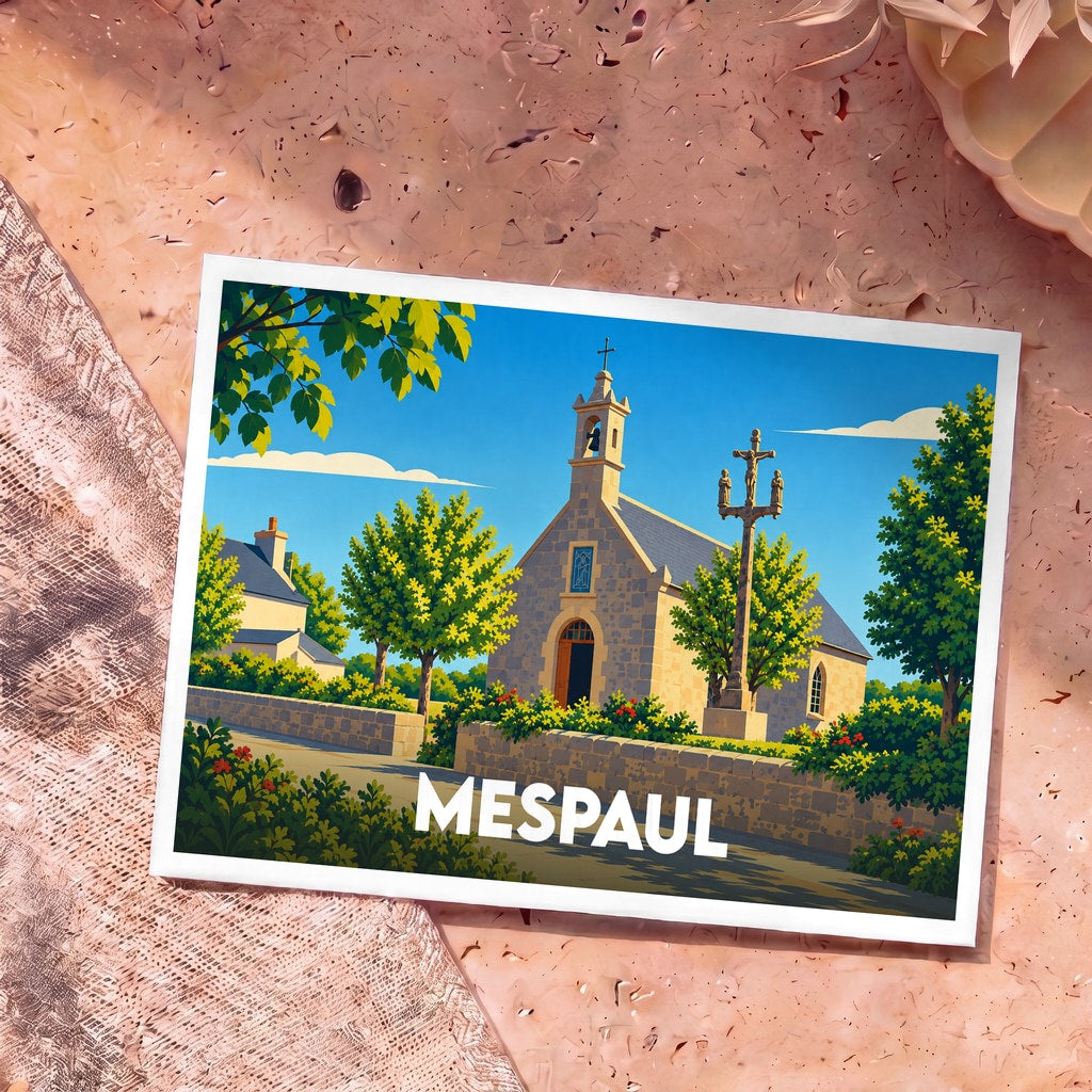 Carte postale souvenir de la ville de Mespaul avec une illustration stylisée de son église et de son calvaire.
