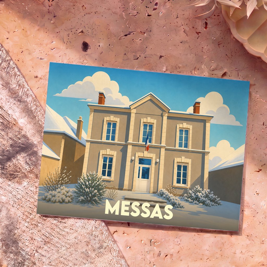 Carte postale souvenir de la ville de Messas avec une illustration stylisée d'un bâtiment enneigé.