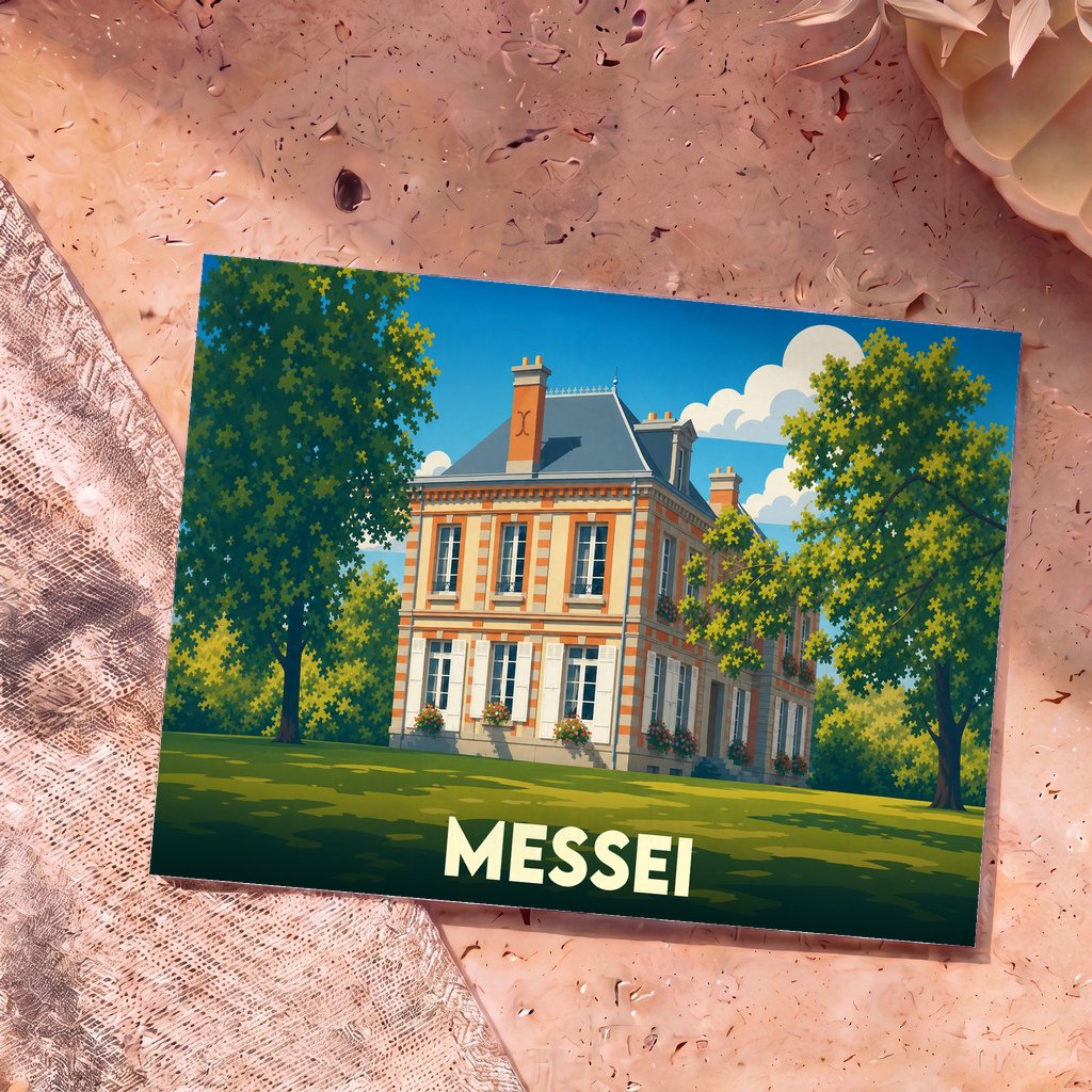 Carte postale souvenir de la ville de Messei avec une illustration colorée d'une demeure traditionnelle.