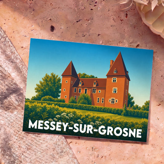 Carte postale souvenir de la ville de Messey-sur-Grosne avec une illustration stylisée de son château.