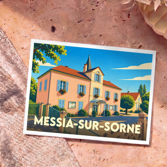 Carte postale souvenir de la ville de Messia-sur-Sorne illustrant sa mairie dans un style graphique et coloré.