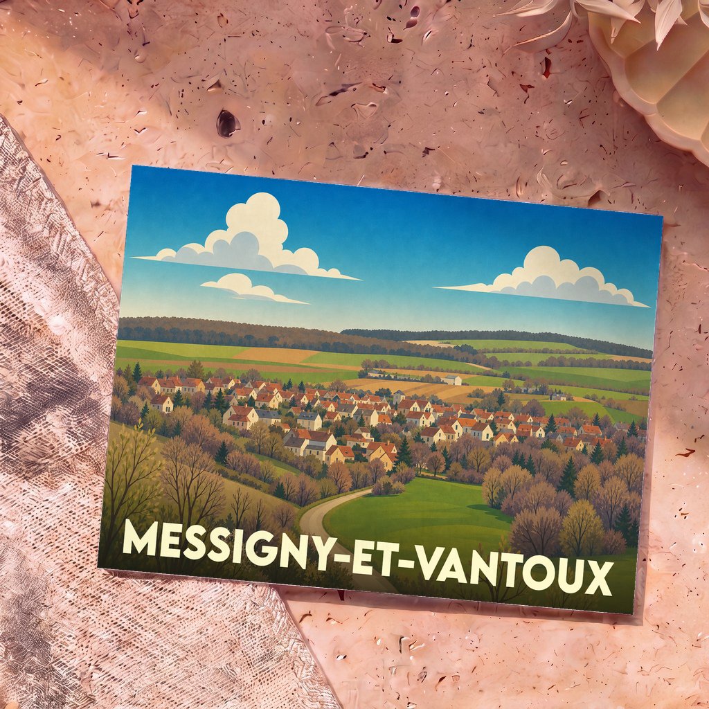 Carte postale souvenir de la ville de Messigny-et-Vantoux avec une illustration stylisée de son paysage rural.