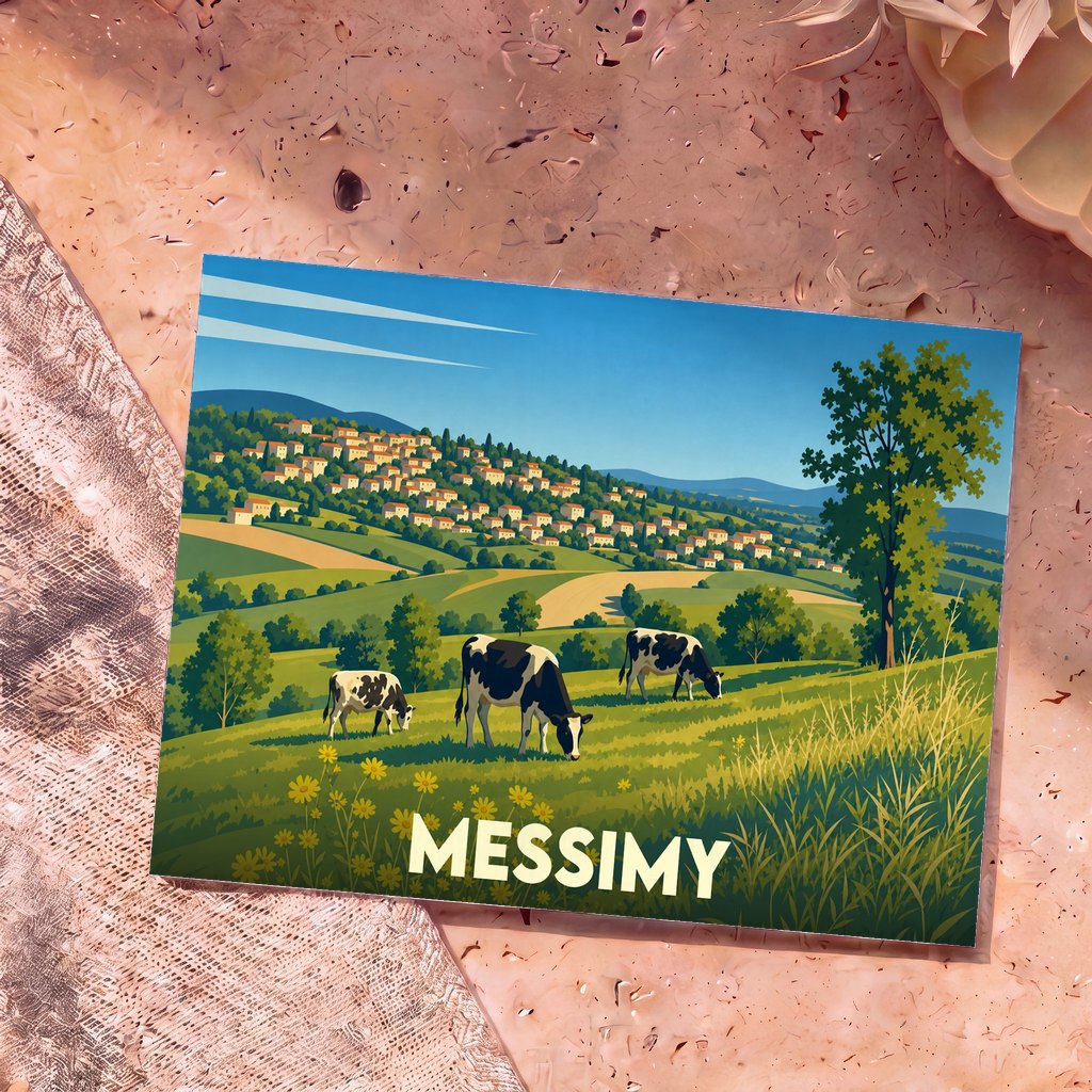 Carte postale souvenir de la ville de Messimy illustrant un paysage bucolique avec des vaches et un village perché.
