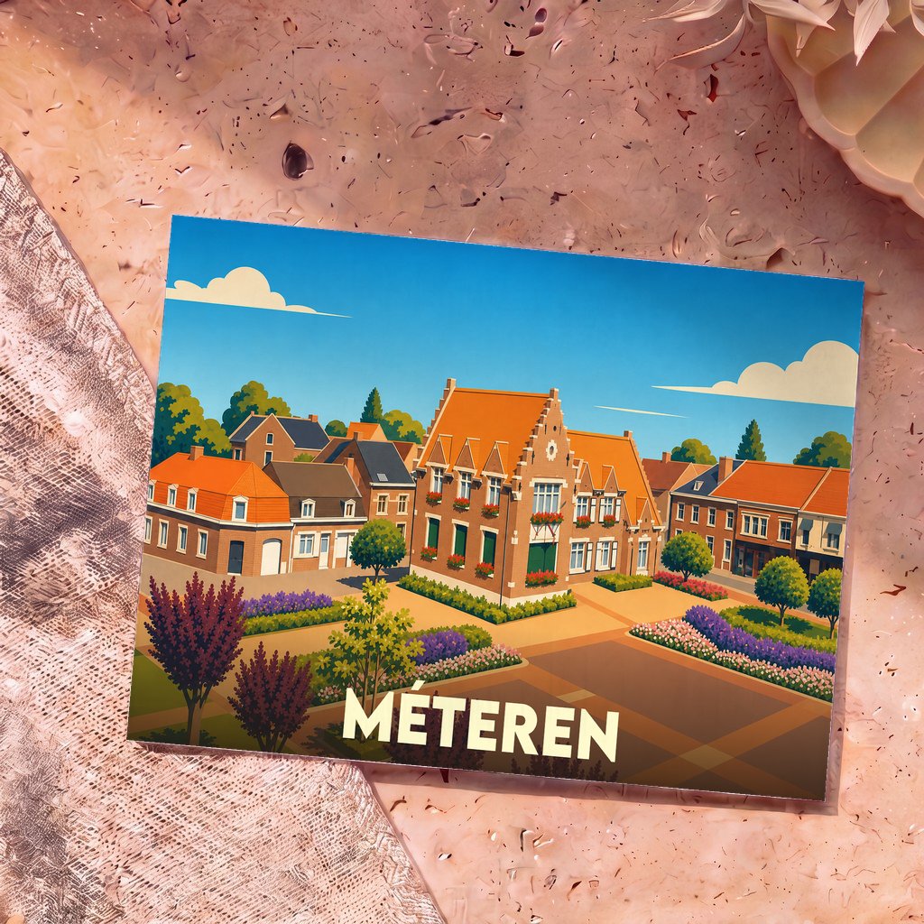 Carte postale souvenir de la ville de Méteren avec une illustration colorée et stylisée de ses bâtiments typiques.