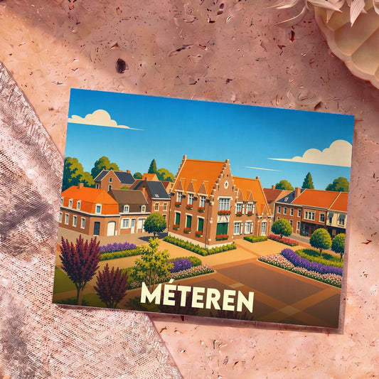 Carte postale souvenir de la ville de Méteren avec une illustration colorée et stylisée de ses bâtiments typiques.