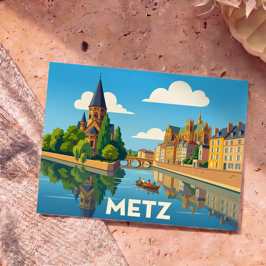 Carte postale souvenir de la ville de Metz avec une illustration stylisée des monuments en bord de Moselle.