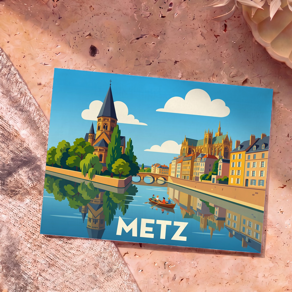 Carte postale souvenir de la ville de Metz avec une illustration stylisée de ses monuments emblématiques au bord de l'eau.