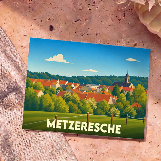 Carte postale souvenir de la commune de Metzeresche avec une illustration stylisée du village et de son église.