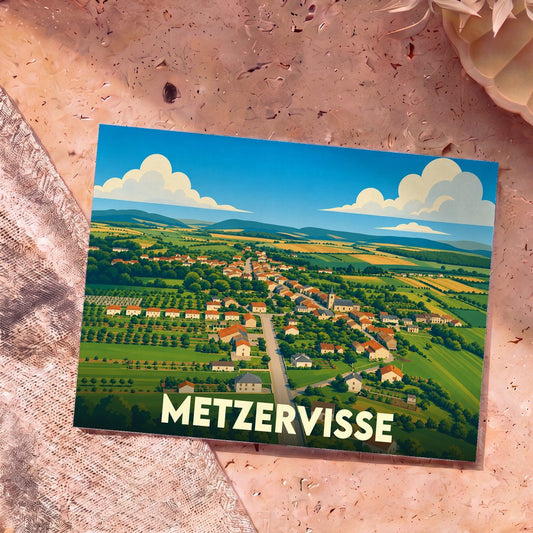 Carte postale souvenir de la ville de Metzervisse avec une illustration paysagère stylisée.