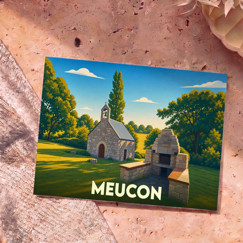 Carte postale souvenir de la ville de Meucon avec une illustration stylisée d'une petite chapelle en pierre et d'un four à pain traditionnel.