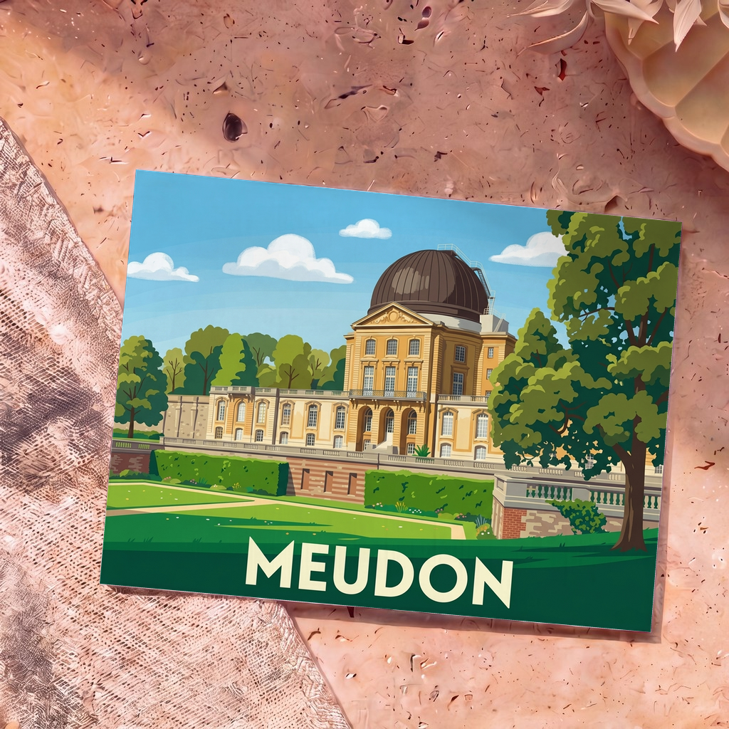 Carte postale souvenir de la ville de Meudon avec une illustration stylisée de l'Observatoire.