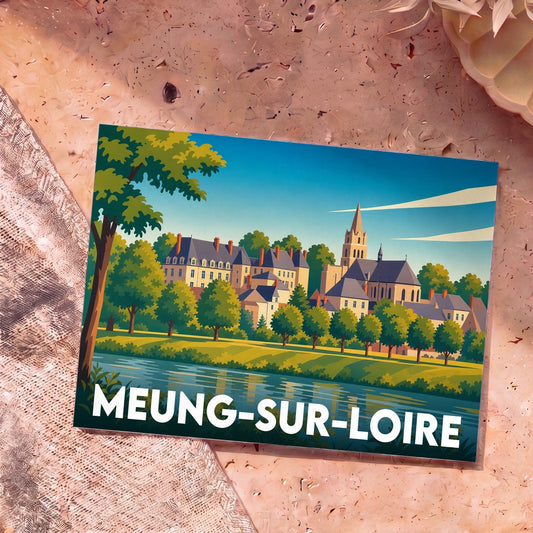 Carte postale souvenir de la ville de Meung-sur-Loire avec une illustration stylisée des bords de Loire.