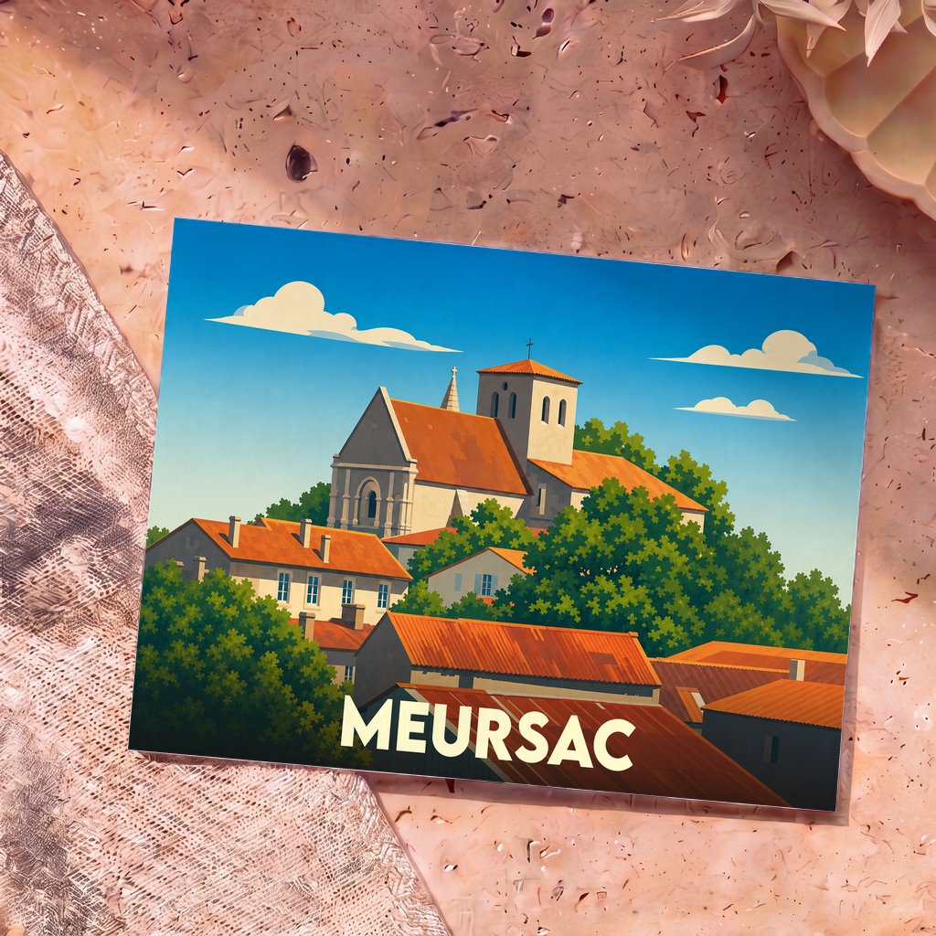 Carte postale souvenir de la ville de Meursac illustrant son église et ses toits en tuiles dans un style graphique épuré.
