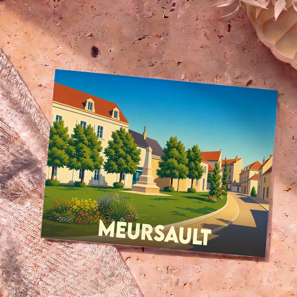Carte postale souvenir de la ville de Meursault illustrant une place ensoleillée dans un style graphique épuré.