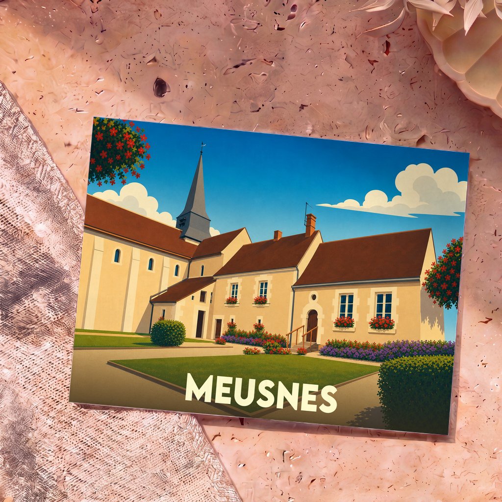 Carte postale souvenir de la ville de Meusnes avec une illustration stylisée et colorée de son architecture.