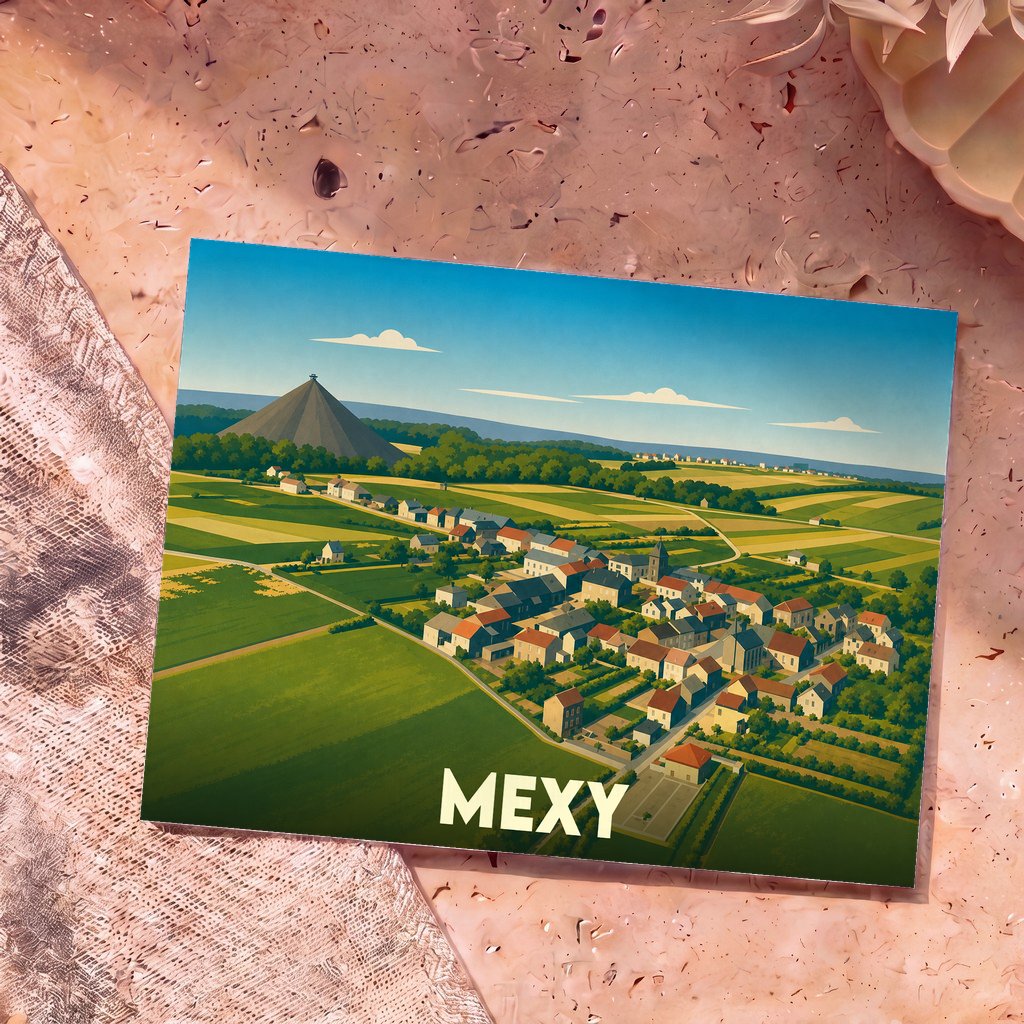 Carte postale souvenir de la ville de Mexy avec une illustration stylisée d'un paysage urbain et rural.