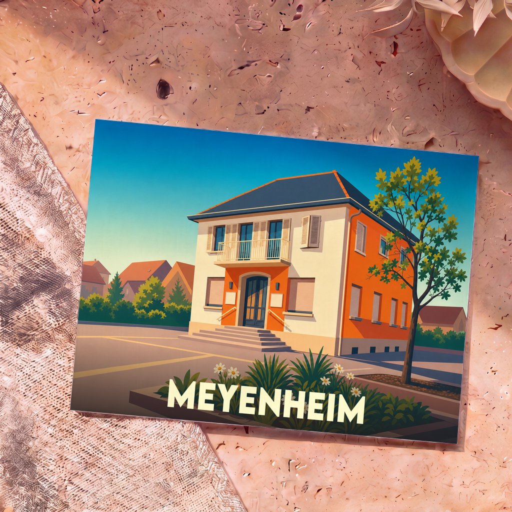 Carte postale souvenir de la ville de Meyenheim avec une illustration stylisée de sa mairie.