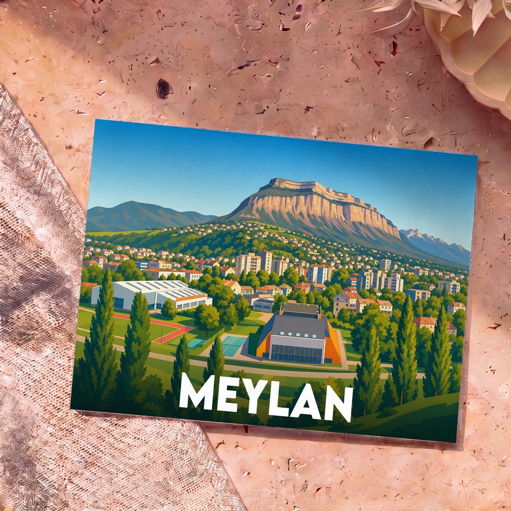 Carte postale souvenir de la ville de Meylan avec une illustration stylisée.