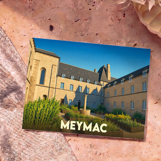 Carte postale souvenir de la ville de Meymac avec une illustration stylisée de son abbaye et de ses jardins.
