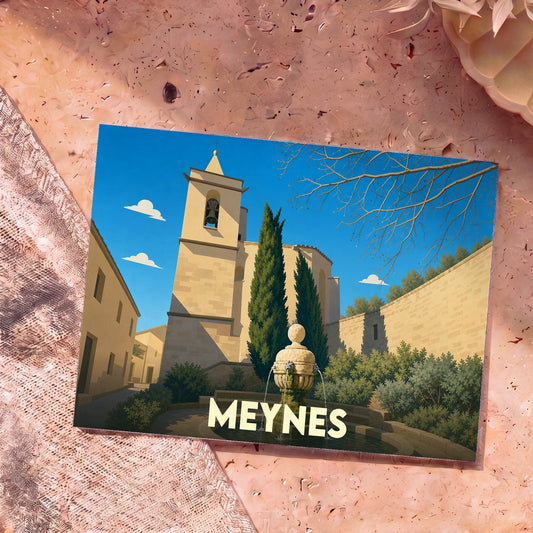 Carte postale souvenir de la ville de Meynes avec une illustration stylisée d'une place provençale.