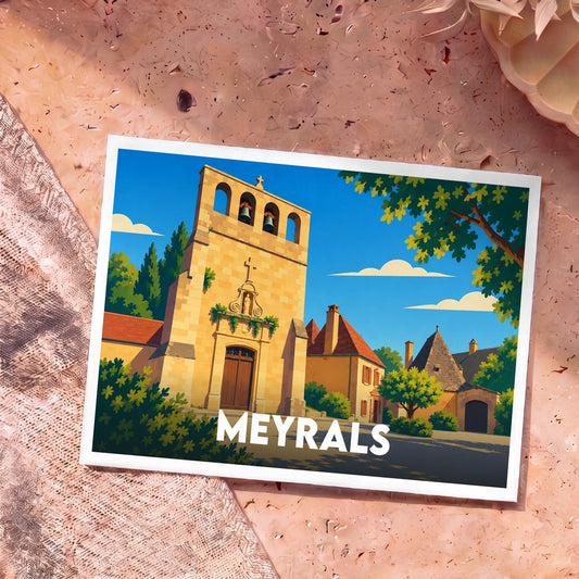 Carte postale souvenir de la ville de Meyrals avec une illustration stylisée de son église et de ses maisons typiques.