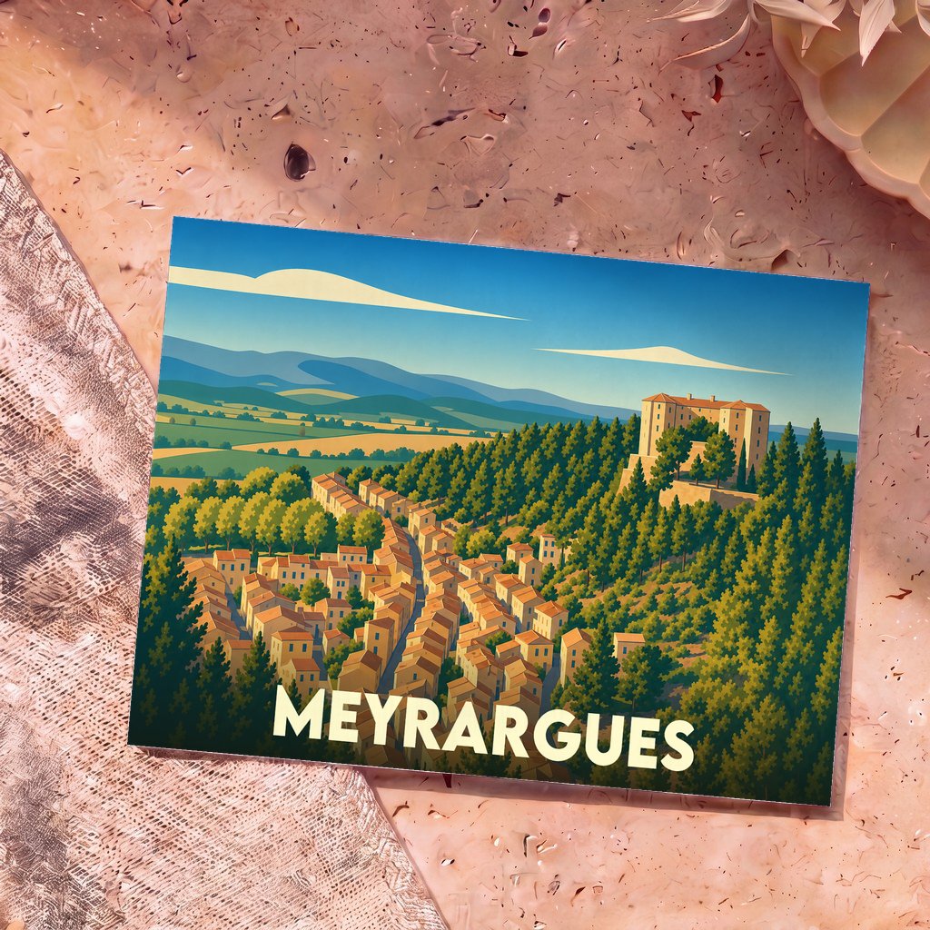 Carte postale souvenir de la ville de Meyrargues avec une illustration stylisée de son château et de ses collines.
