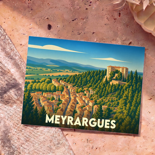 Carte postale souvenir de la ville de Meyrargues avec une illustration stylisée de son château et de ses collines.